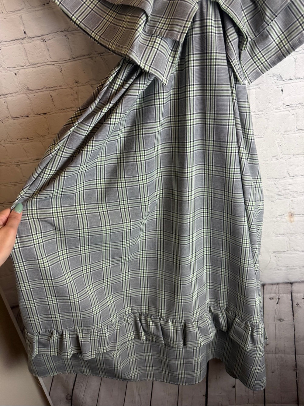 Mecla One-Shoulder Plaid Midi Dress in Green and Gray Medium - Picture 12 of 13